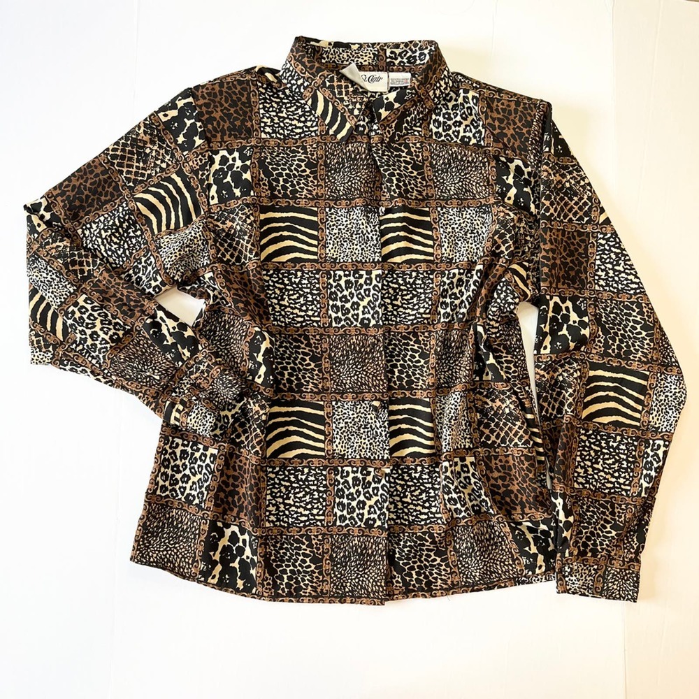 Vintage 80's Collared Blouse Brown Animal Print Button Down Yves St. Clair